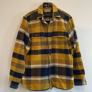 Everlane Shacket Flannel Shirt Large 100% Cotton Blue Yellow Plaid Pockets Top